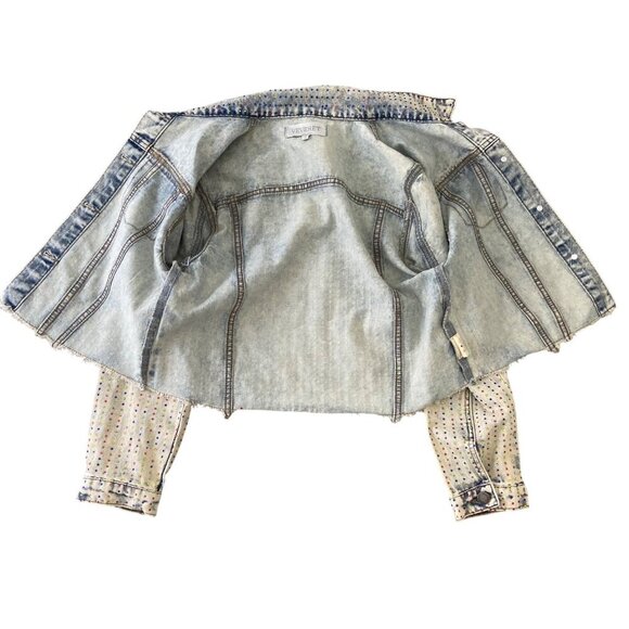 Veveret Rhinestone Studded Denim Jacket Cropped Distressed tie small dye style - Picture 9 of 16